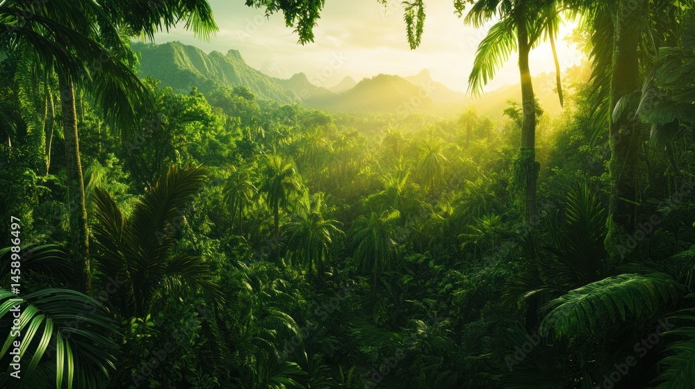 Naklejka premium Lush Tropical Paradise: Sunrise Over a Verdant Jungle Landscape