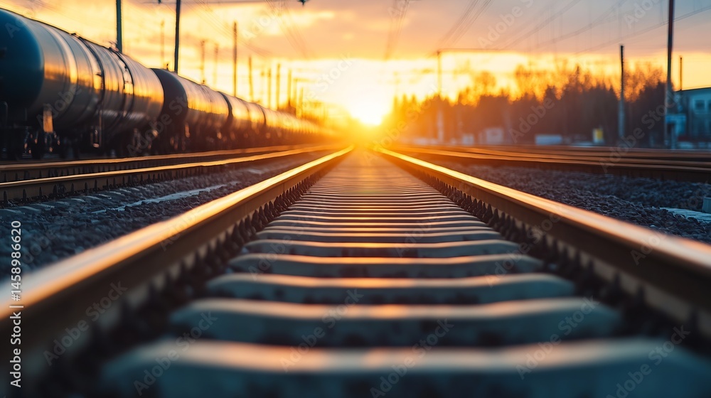 Obraz premium A train of tanker cars disappears into the sunset, the railway tracks stretching towards a radiant horizon, promising journey and adventure. : Generative AI