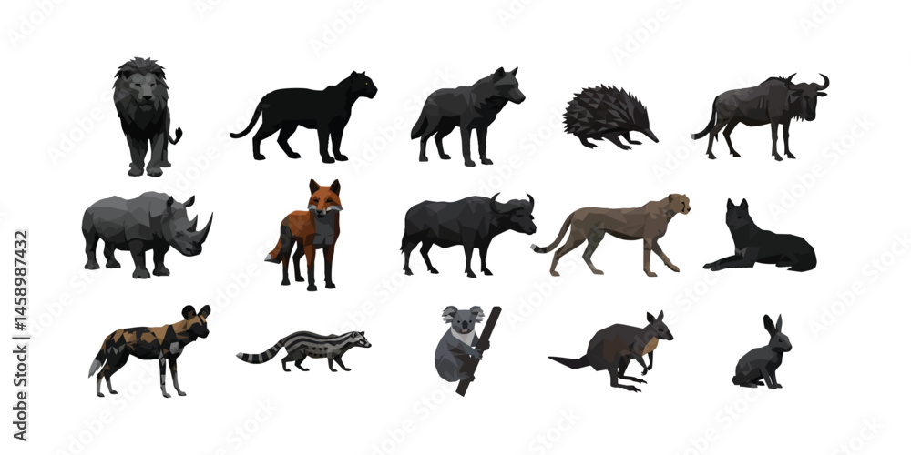 Obraz premium Mixed African Wildlife Animals in Polygon Style � Predators & Herbivores in Natural Standing Poses Vector Art