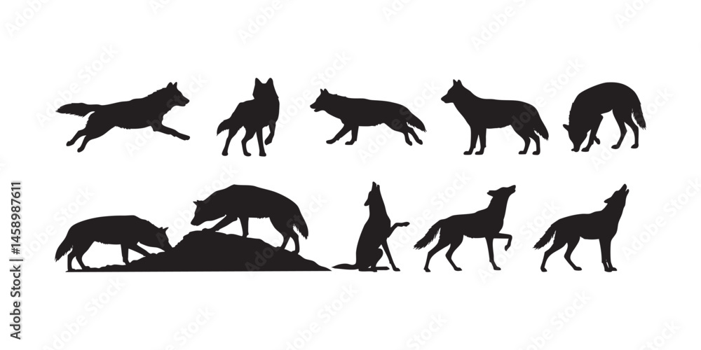 Fototapeta premium Fox Silhouettes in Alert & Stalking Poses � Wild Forest Predator Behavior Vector Art Illustration