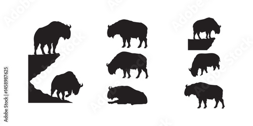 Bison and Buffalo Silhouettes � Walking, Standing & Grazing Poses from Grassland Wildlife Vector Art