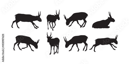 Antelope Silhouettes Vector Set � Jumping and Walking Poses from Savannah Wildlife Habitat Scene