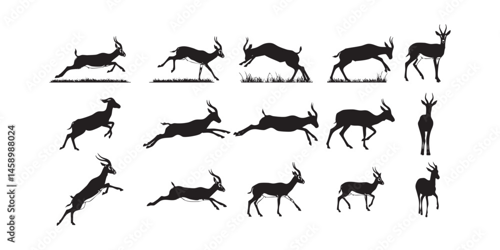 Naklejka premium Antelope Silhouette Collection � Various Species in Standing and Running Wildlife Vector Postures