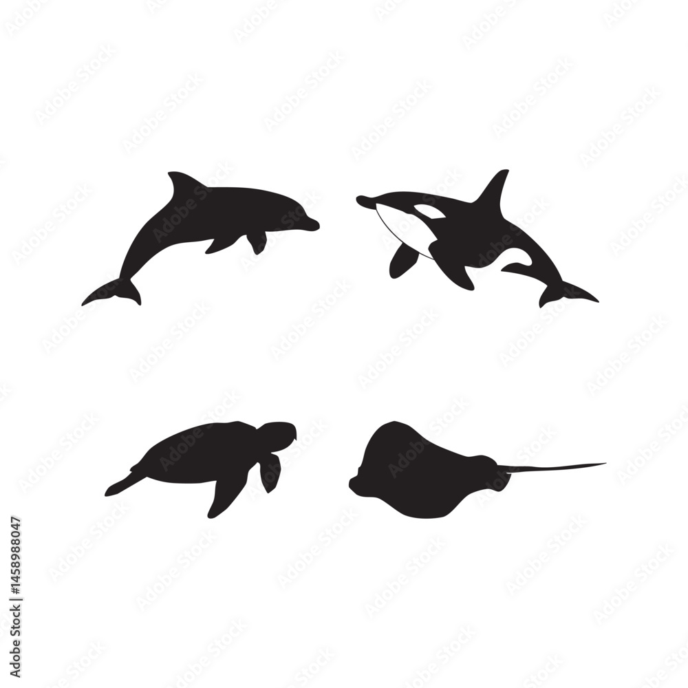 Fototapeta premium Dolphin, Orca, Sea Turtle & Stingray Silhouettes Swimming in Marine-Themed Layout Vector Art