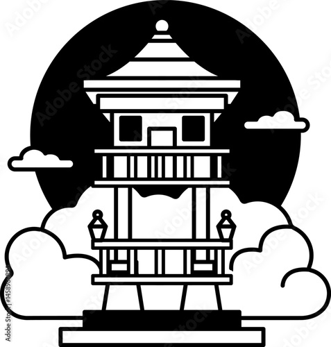 black and white illustration of a japanese pavilion