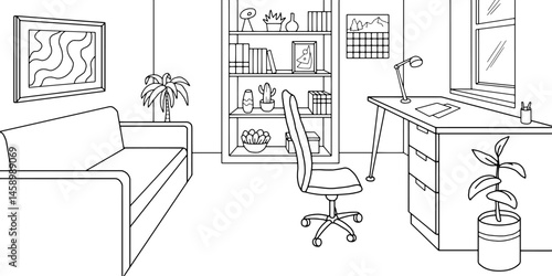 Office interior graphic black white sketch illustration vector 