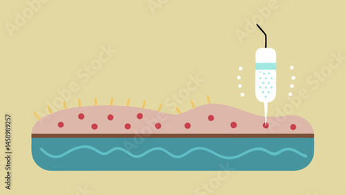 Microneedling Process An illustration of a handheld microneedling device over skin with tiny dots depicting the action of needles creating microinjuries for regeneration.