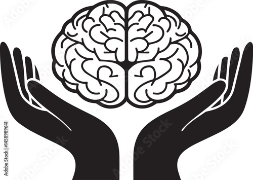 Silhouette of Hands Holding a Detailed Brain