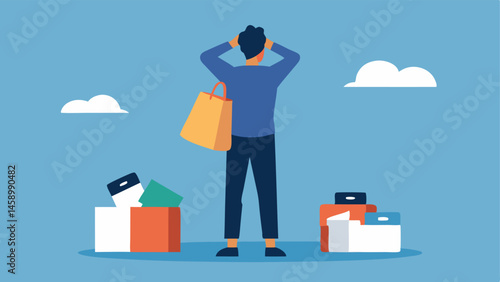 Shopping Aftermath A person steps back hands behind their head looking at a mountain of shopping bags and receipts with a mix of surprise and disbelief questioning themselves.