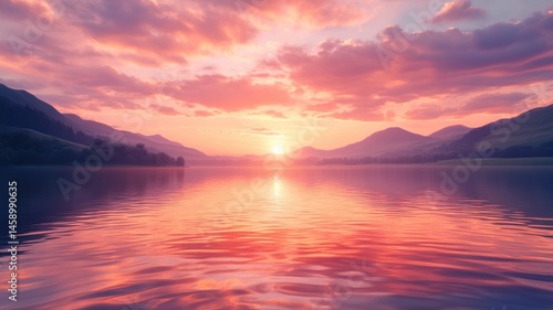Serene Lake Sunset: Tranquil Pink and Orange Reflections lake pink orange tranquil serene sunset sky