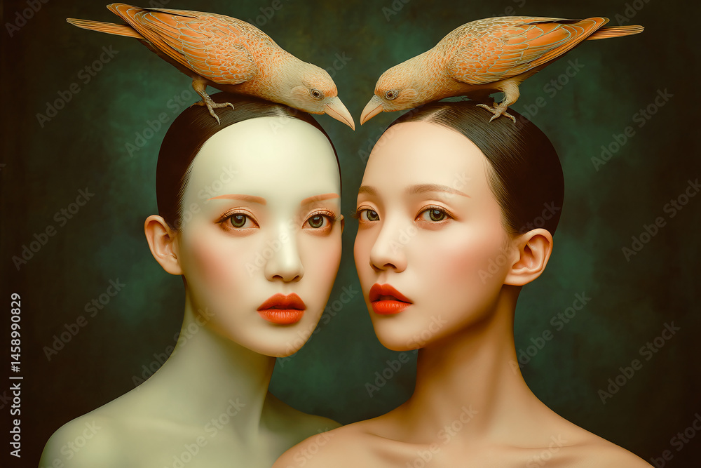 Portrait de deux filles avec un oiseau sur la tête