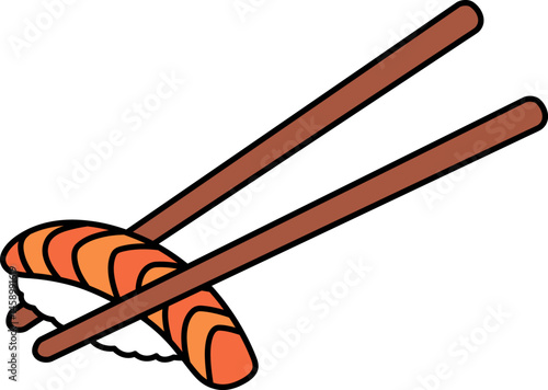a salmon sushi with chopsticks