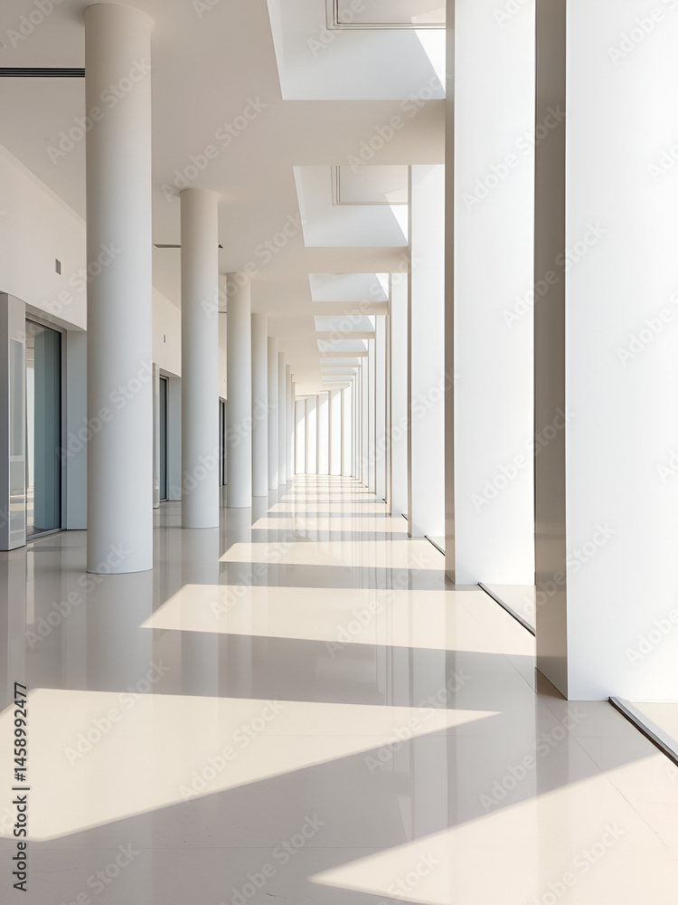 A sleek, modern interior with a series of white pillars along a corridor, sunlight casting shadows on glossy floor. A sleek, modern interior with a series of white pillars along a corridor, sunlight casting shadows on glossy floor.