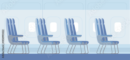 Airplane interior with seats. Windows from inside the airplane. Airplane interior design. Airplane chairs.