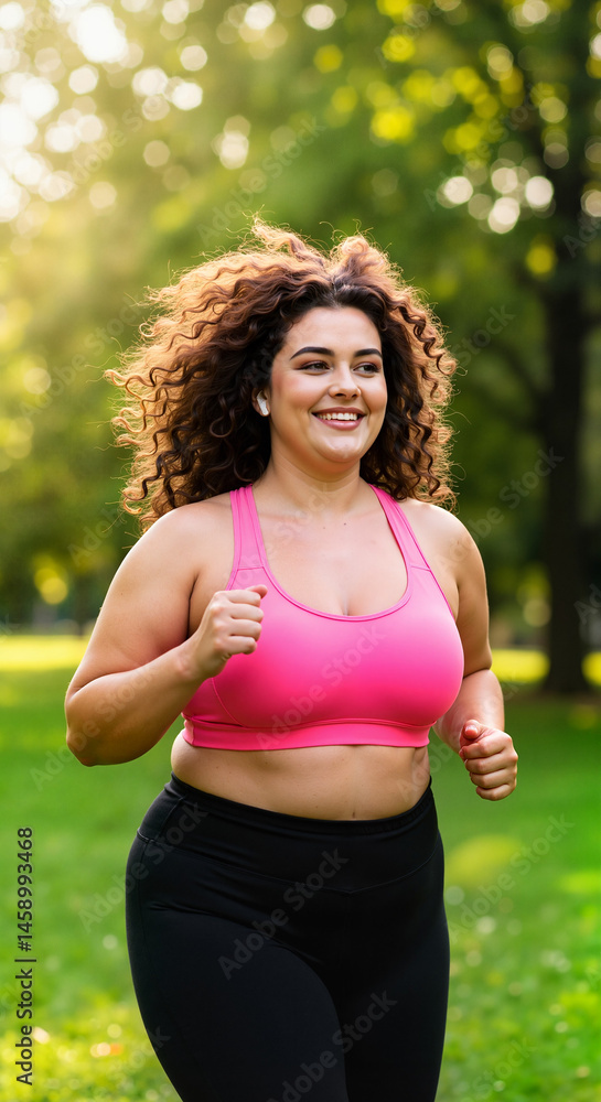 Fototapeta premium Plus-Size Woman Joyfully Running in a Green Park 