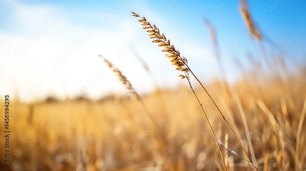 Fototapeta premium Golden hour sunlight illuminates a single stalk of dried grass, standing tall amidst a field of blurred, amber-hued vegetation under a clear blue sky. : Generative AI