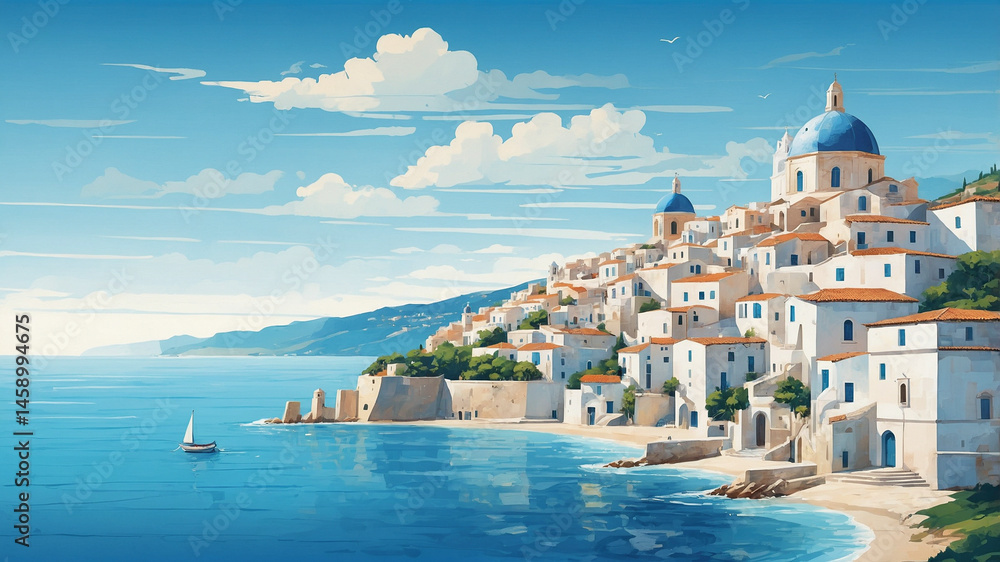 Fototapeta premium Mediterranean Village with White Houses by the Sea