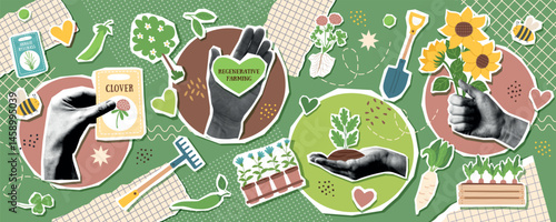 Farming and gardening collage banner with human hands photo holding garden objects in pop art style. Spring, nature and environment trendy background.
