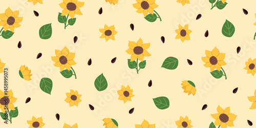 Nature seamless pattern of sunflowers isolated on yellow. Nature, gardening, agriculture concept. Vector banner in flat style.