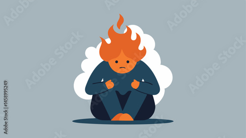 Somber Character A character with a worried expression sitting with their head in their hands. The flames erupt from the top of their head in muted tones to signify stress and