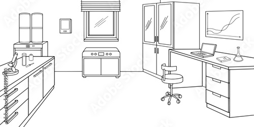 Laboratory graphic black white interior sketch illustration vector 