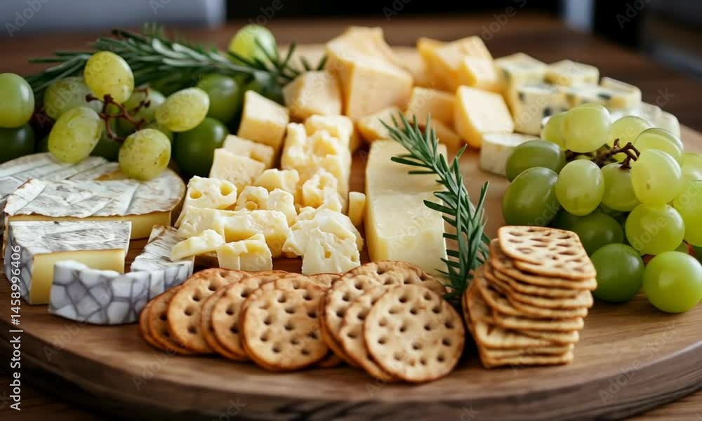 A beautifully arranged cheese and cracker platter with fresh grapes. A beautifully arranged cheese and cracker platter with fresh grapes.
