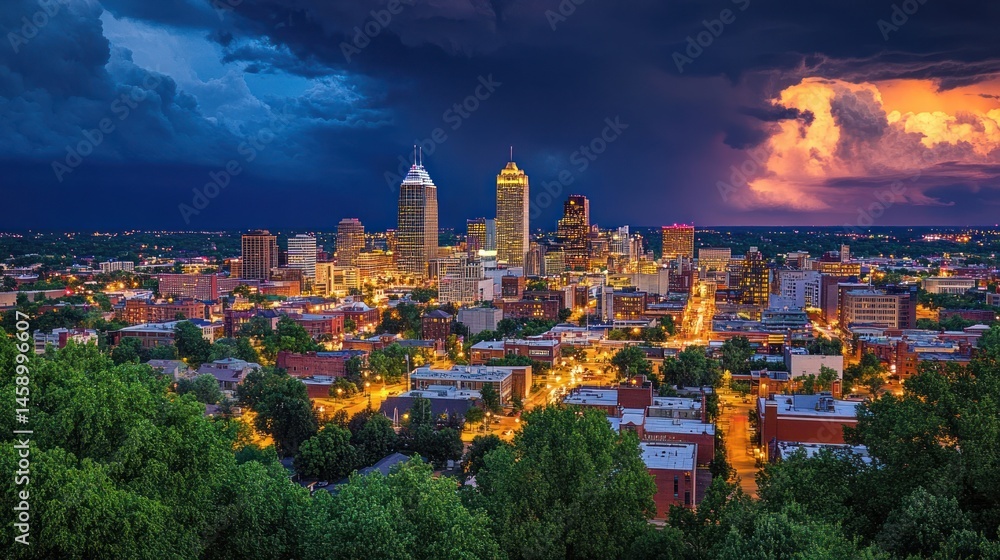 Obraz premium Stunning Night View of Little Rock, Arkansas Skyline Under a Dramatic Stormy Sky