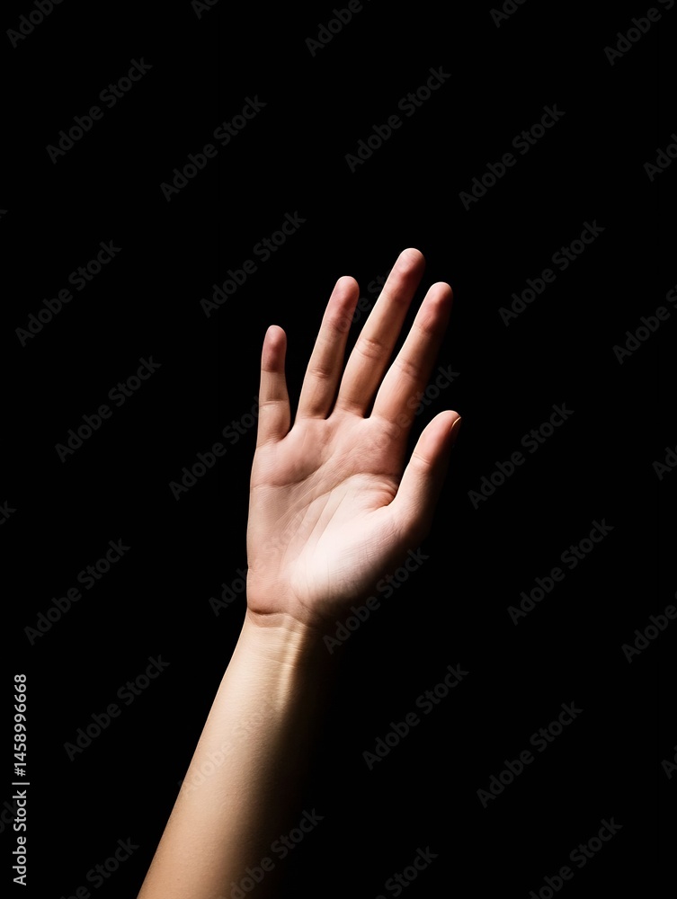 A single human hand, palm open, reaches upward against a stark black background. The hand is softly lit, highlighting its texture and form. : Generative AI A single human hand, palm open, reaches upward against a stark black background. The hand is softly lit, highlighting its texture and form. : Generative AI