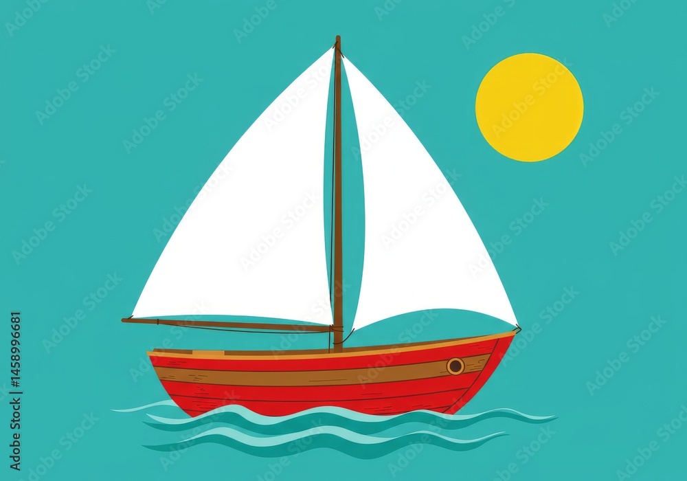 Fototapeta premium Sailing Boat on Water with Yellow Sun in Blue Sky Illustration