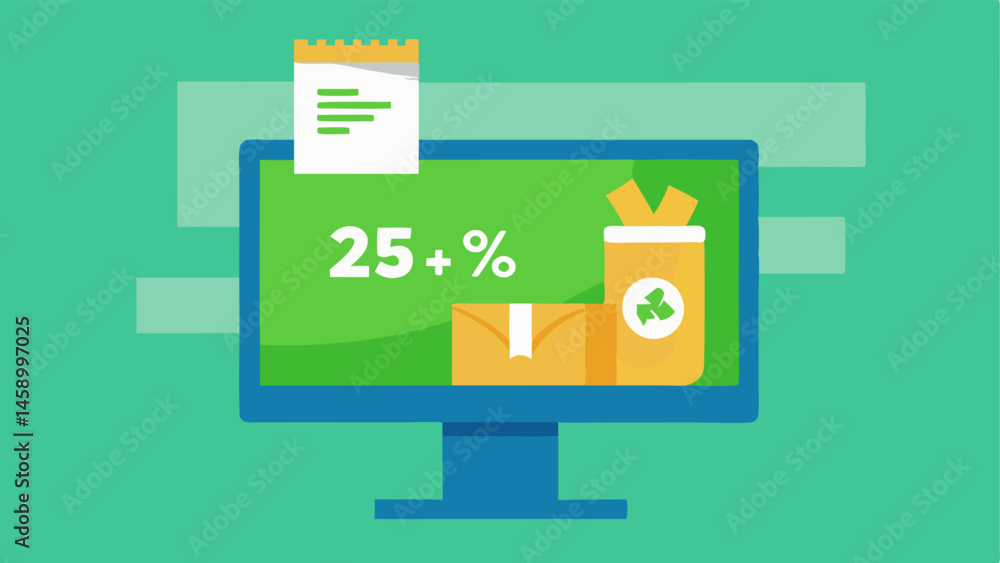 Recyclable Packaging Alert A vector image of a computer screen showcasing an array of recyclable packaging options next to a flashing 25% Off sign to promote green packaging