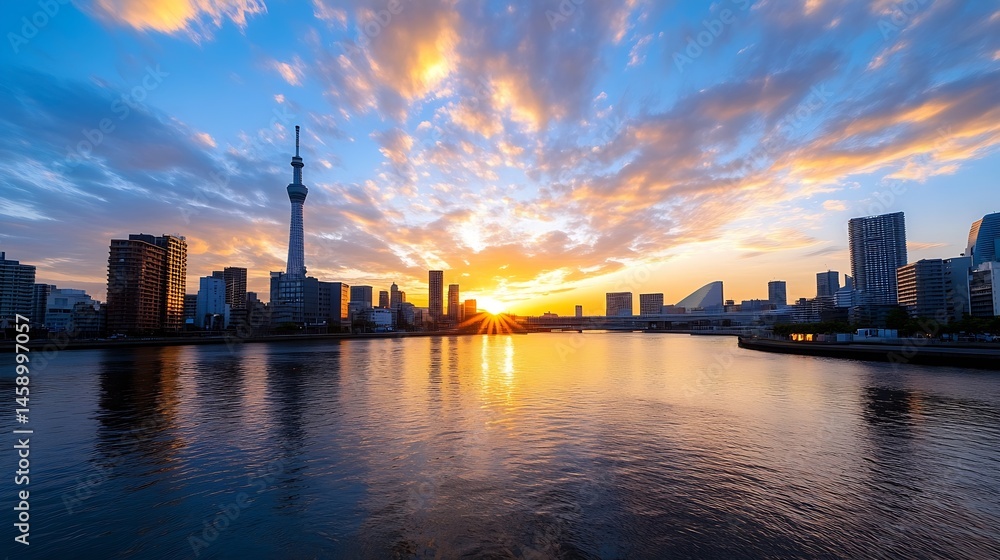 Naklejka premium Tokyo skyline at sunset, featuring the Tokyo Skytree and modern buildings reflected in calm water. Golden hour light illuminates the cityscape and clouds. : Generative AI