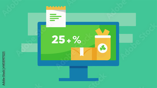 Recyclable Packaging Alert A vector image of a computer screen showcasing an array of recyclable packaging options next to a flashing 25% Off sign to promote green packaging