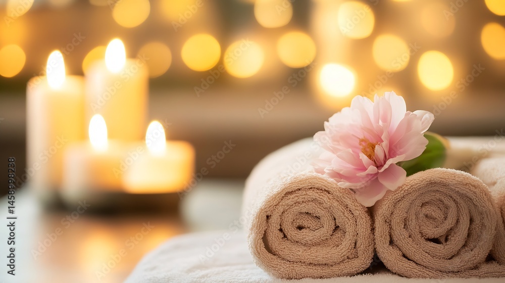 Spa treatment scene with rolled beige towels, a pink peony flower, and softly glowing candles in the background, creating a relaxing and serene atmosphere. : Generative AI Spa treatment scene with rolled beige towels, a pink peony flower, and softly glowing candles in the background, creating a relaxing and serene atmosphere. : Generative AI