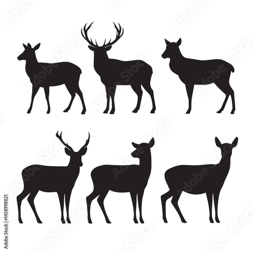 Vector silhouette set of deer on white background