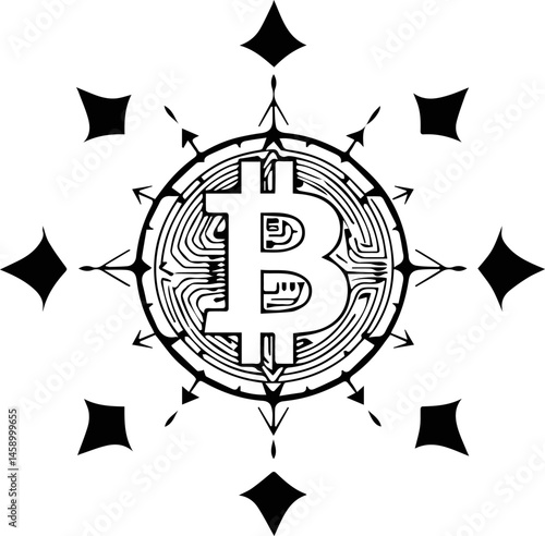 This vector illustration features the bitcoin logo.