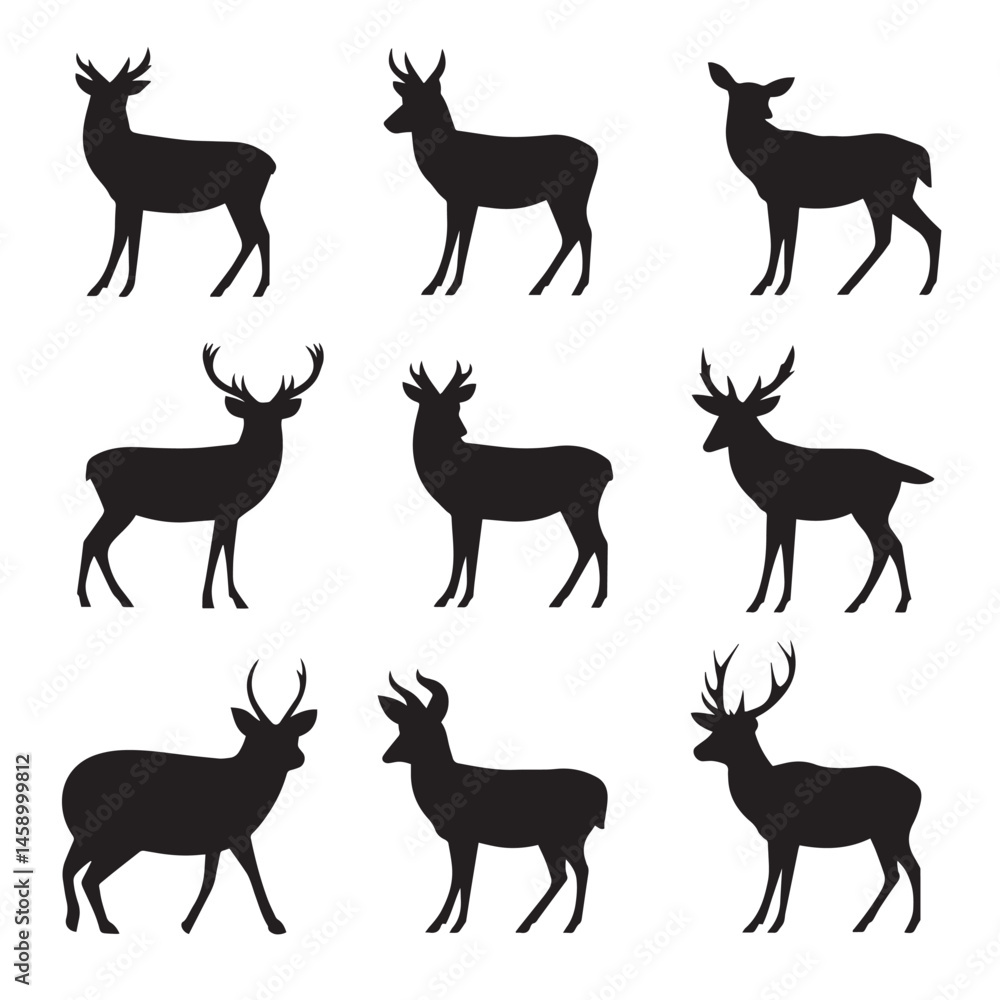 Fototapeta premium Vector silhouette set of deer on white background