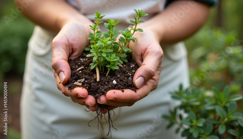 Young gardener nurturing freshly picked thyme in green outdoor setting  