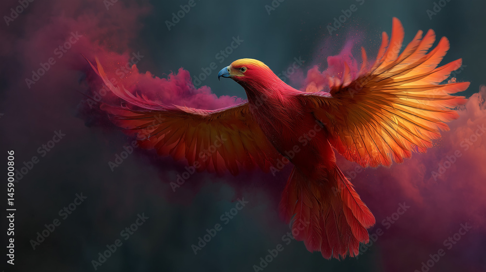 Obraz premium Flaming Red Phoenix Soaring Through Smoke