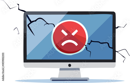 Illustration of a desktop computer screen with a sad emoji face, cracks across the screen, and a digital error message. Clean white background for easy integration in tech-related designs.