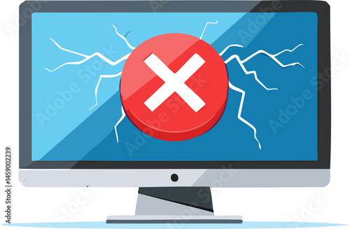 A computer screen featuring a sad red emoji with cracks across the monitor. Represents digital failure, warning alerts, and system breakdowns in a fun and clean graphic