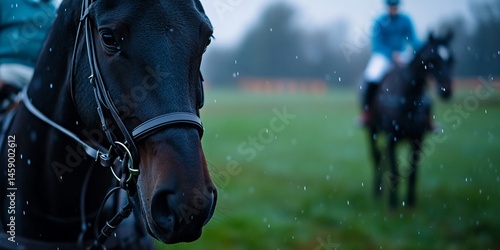 Equine portrait in rainfall, A close-up of a horse during inclement weather
