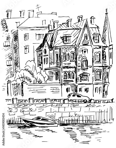 Historical cityscape of European town. Street, river embankment, boat, old house,  trees and cars. Vector hand drawn illustration, black and white sketch.