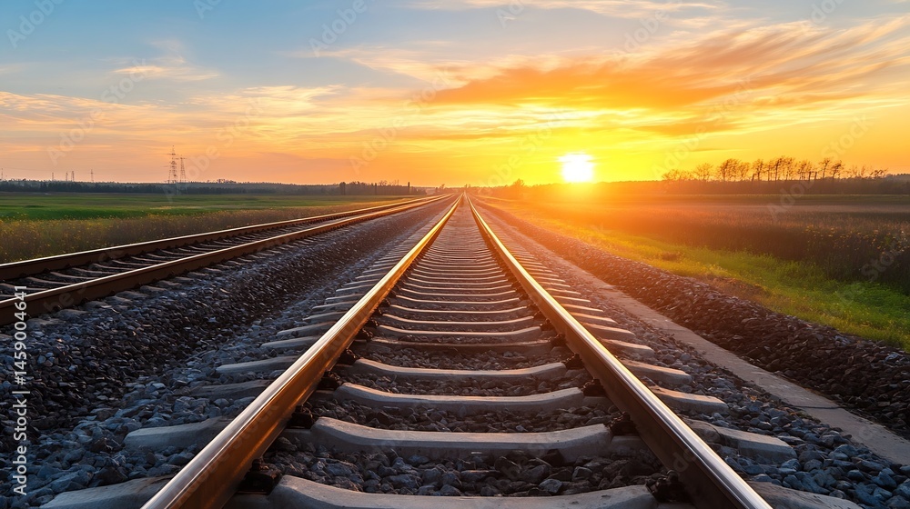 Obraz premium Endless railway tracks stretching towards a vibrant sunset, the golden sun casting a warm glow on the landscape, promising a journey into the horizon. : Generative AI