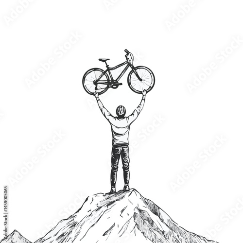 Biker At Summit Holding Bike Celebrating Success Artistic Sketch Illustration