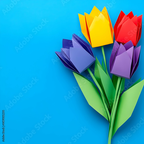 Colorful Origami Tulips on Blue Background
