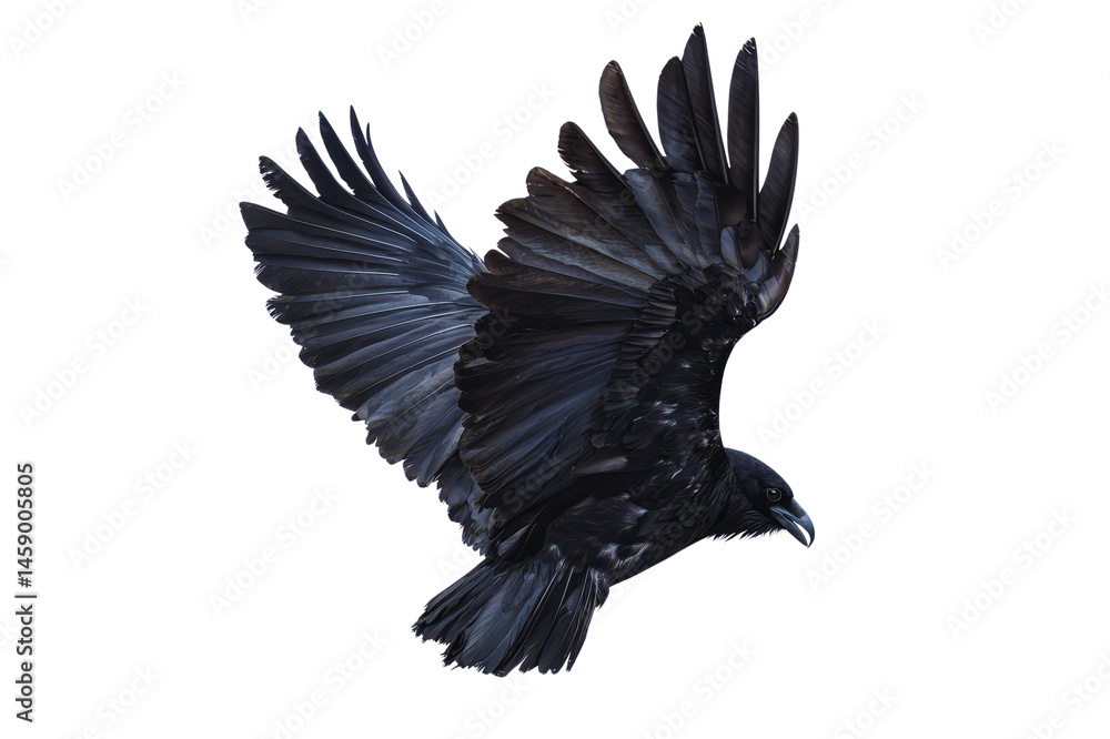 Obraz premium Majestic Black Raven in Flight Wings Spread Wide Dark Background Isolated