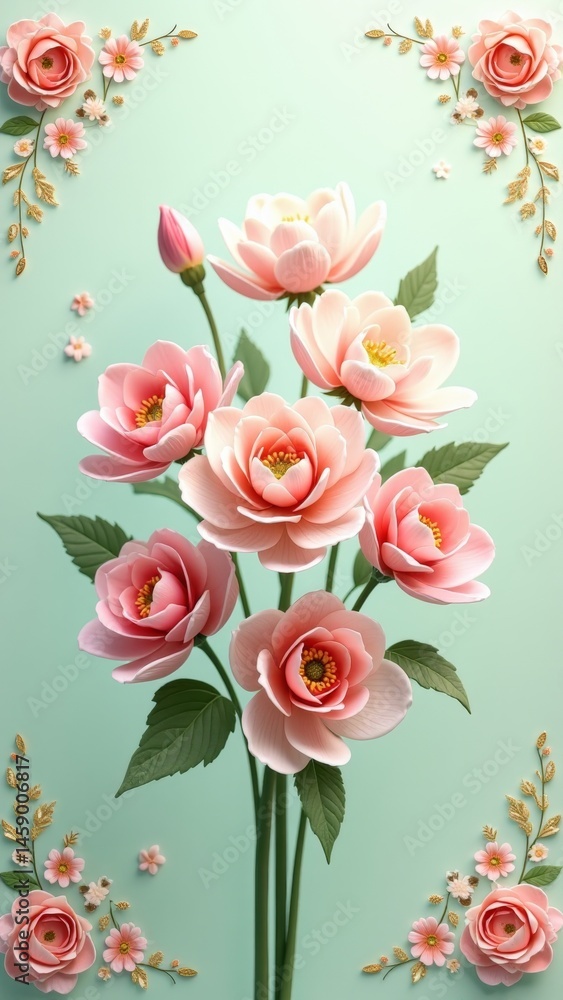 Pink flowers in bloom with green leaves on a light blue background adorned with gold accents Pink flowers in bloom with green leaves on a light blue background adorned with gold accents