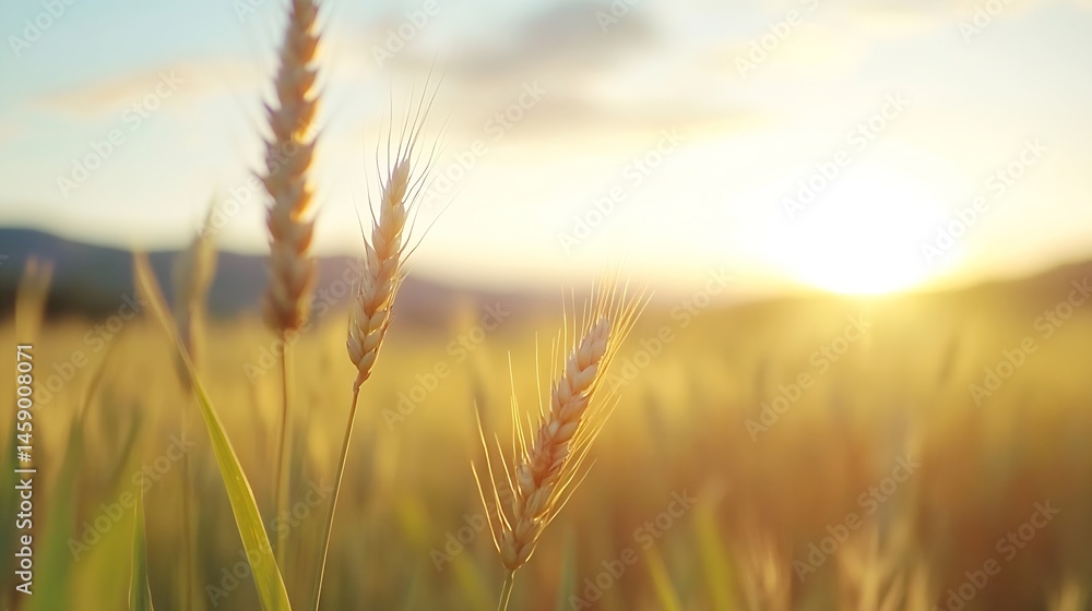 Obraz premium Golden wheat stalks illuminated by the setting sun in a vast field, creating a warm and idyllic summer scene. : Generative AI