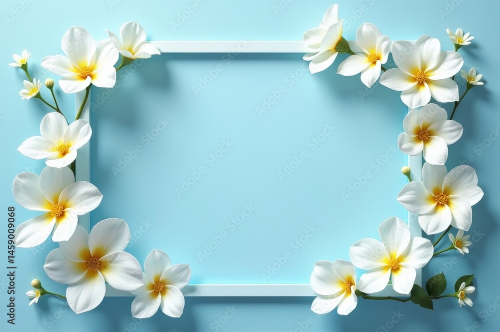 White flowers with yellow centers, Flower arrangement on frame, Blue background for floral design, White flowers with yellow centers, Flower arrangement on frame, Blue background for floral design,