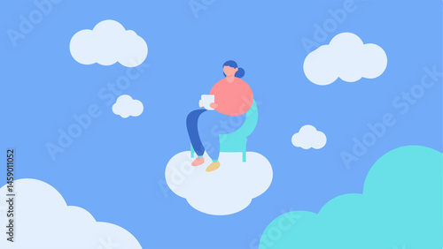 Playful Clouds This illustration shows a whimsical scenario where a person sits on a chair that seems to float on clouds. The character is playfully holding a teacup surrounded by